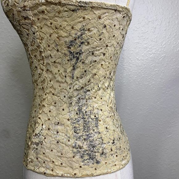 Rare Vintage 90's Forever 21 Bedazzled Gold Lace Glam Grunge Rouched Tank Top - Picture 10 of 16